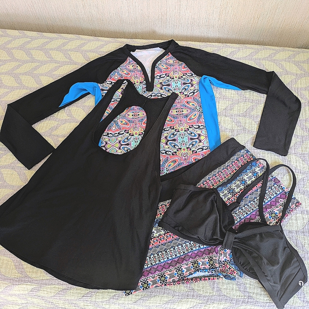 Next 4-piece swimsuit set, black and neon print, 34 B/C, NEW WITH TAGS